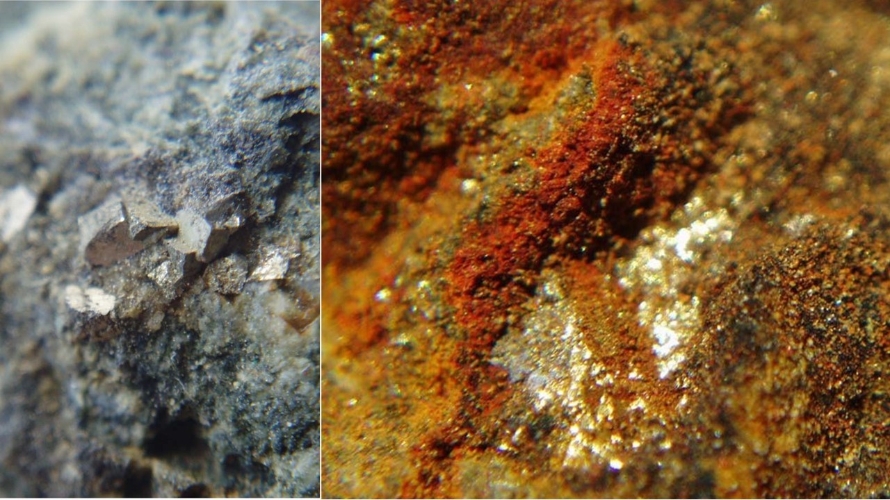  Ejemplo de pirita (izquierda) y calcopirita con esfalerita (derecha) en el cerro de los Almadenes (30X)